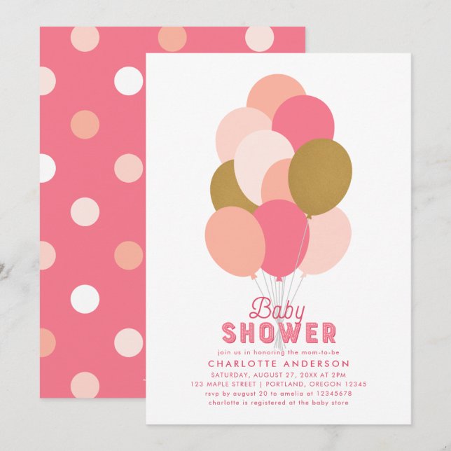Blush Pink Imitate Gold Balloons Babydusche Einladung (Vorne/Hinten)