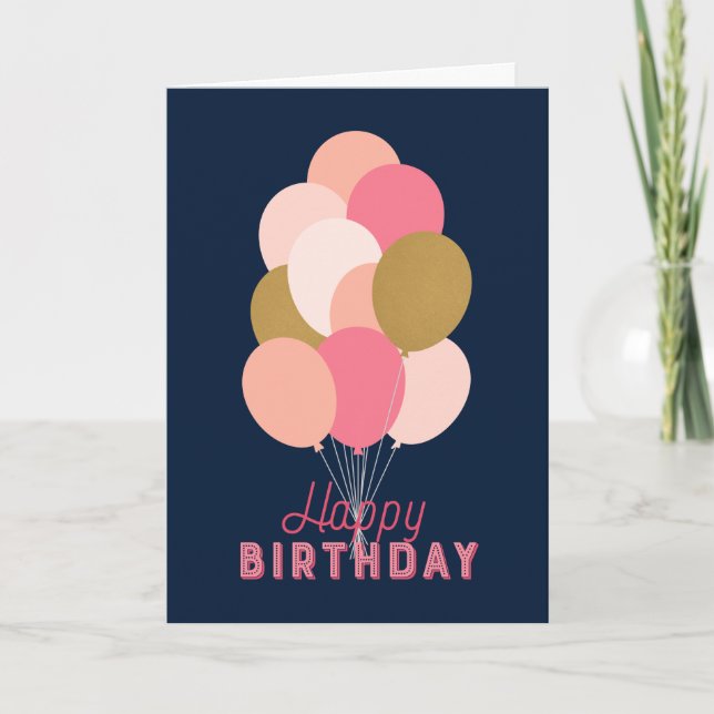 Blush Pink Imitats Gold Balloons Blue Happy Birthd Karte (Vorderseite)