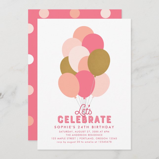 Blush Pink Imitats Gold Balloons jedes Alter Gebur Einladung (Vorne/Hinten)