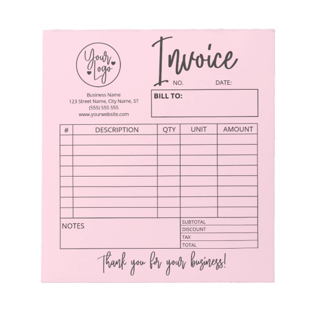 Blush Pink Invoice Bakery Salon Business-Logo Notizblock (Vorderseite)
