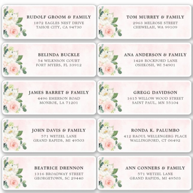 Blush Pink Ivory Floral Wedding Guest Address Aufkleber (Vorderseite)