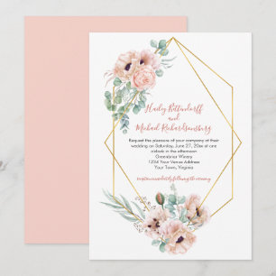 Blush Pink Ivory Poppies Greenery Gold Geometric Einladung