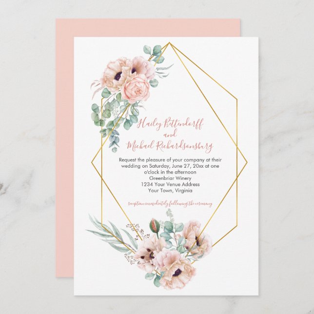 Blush Pink Ivory Poppies Greenery Gold Geometric Einladung (Vorne/Hinten)