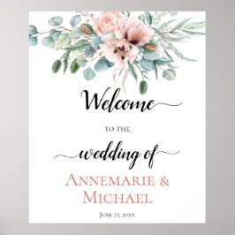Blush Pink Ivory Poppy Peony Floral Wedding Sign Poster
