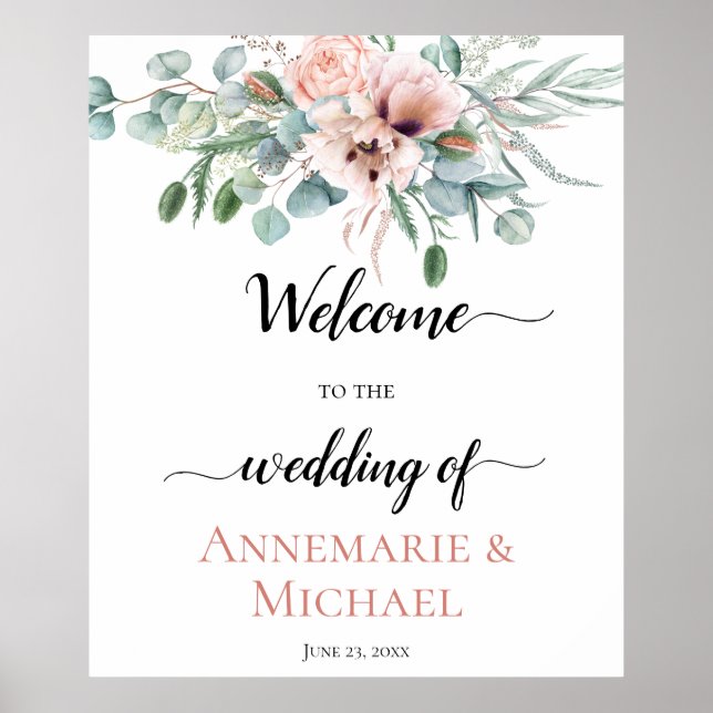 Blush Pink Ivory Poppy Peony Floral Wedding Sign Poster (Vorne)