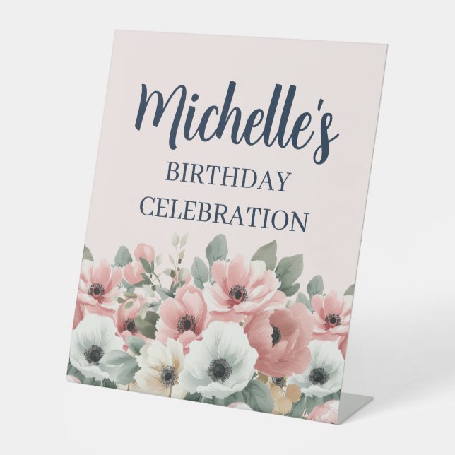 Blush Pink Ivory Sage Floral Birthday Welcome Sockelschild (Vorderseite)