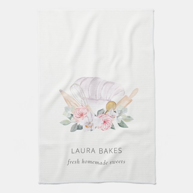 Blush Pink Koch Hat Catering Floral Roller Whisky Geschirrtuch (Vertikal)