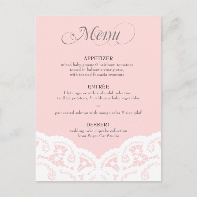 Blush Pink Lace Doily Wedding Menu Postkarte (Vorderseite)