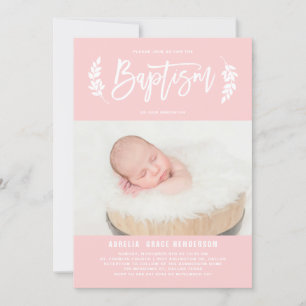 Blush Pink Laurel Wreath Foto Taufe Einladung