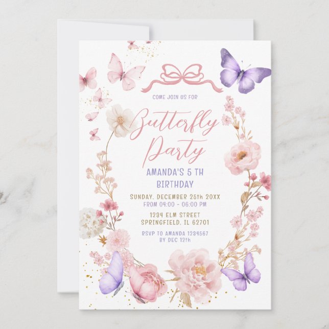 Blush Pink Lavender Purple Butterflies Birthday  Einladung (Vorderseite)