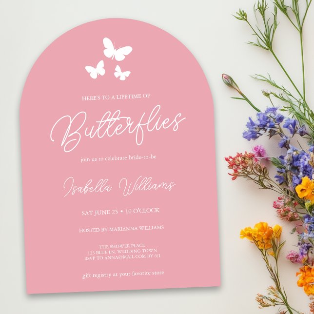 Blush Pink Lifetime of Butterflies Brautparty Einladung (The invitation is shown in a 5x7 inch arch-shaped.. Personalize it for a memorable bridal shower.)