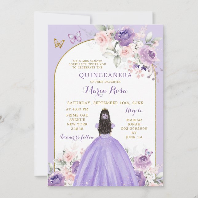 Blush Pink Lilac Floral Princess Quinceañera Einladung (Vorderseite)