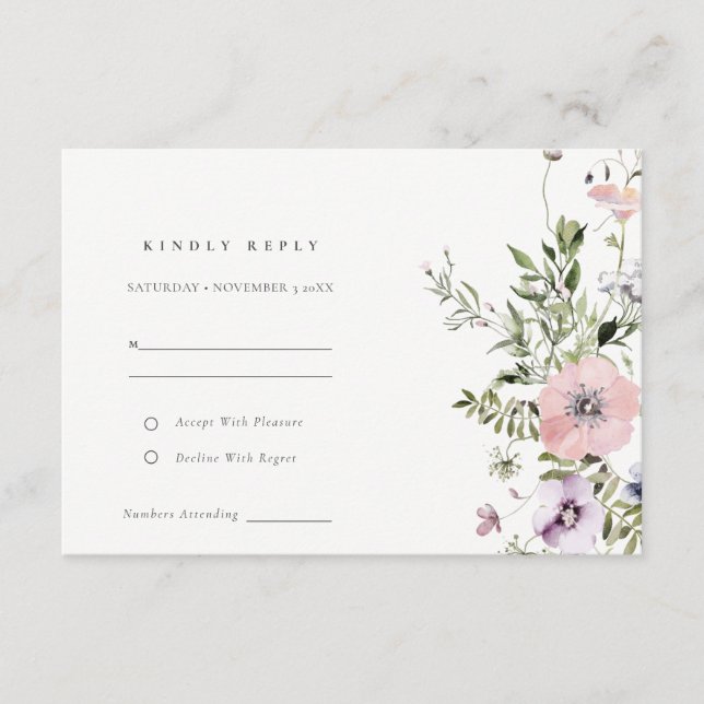 Blush Pink Lilac Wildblume Wreath Wedding RSVP Begleitkarte (Vorderseite)