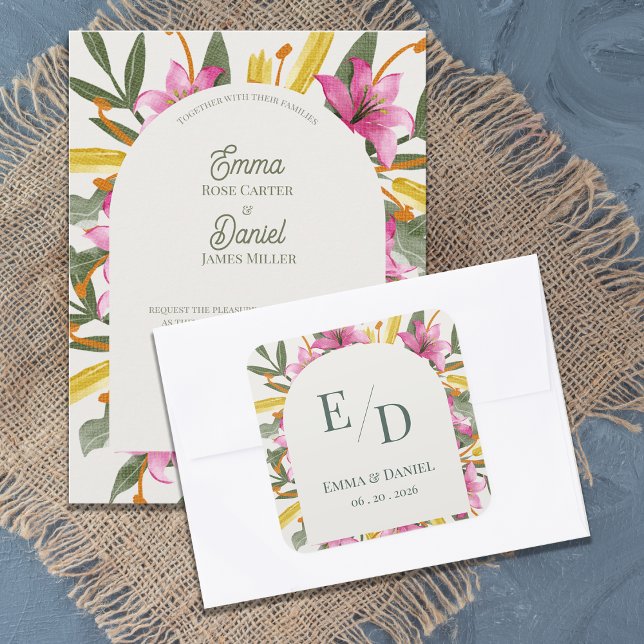 Blush Pink Lily Arched Monogram Wedding Envelope Quadratischer Aufkleber (Blush Pink Lily Arched Wedding Envelope Seal Sticker | Botanical Monogram Floral Arch Wedding Favor )