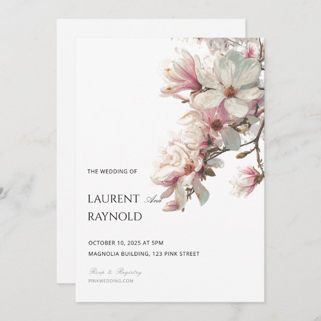Blush Pink Magnolia Botanical Watercolor Wedding  Einladung (Vorne/Hinten)