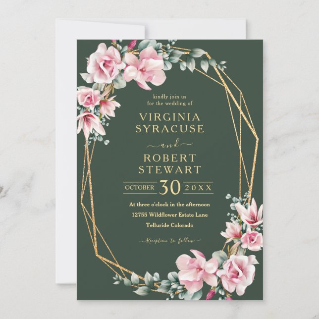 Blush Pink Magnolia Geometric Green Wedding Einladung (Vorderseite)