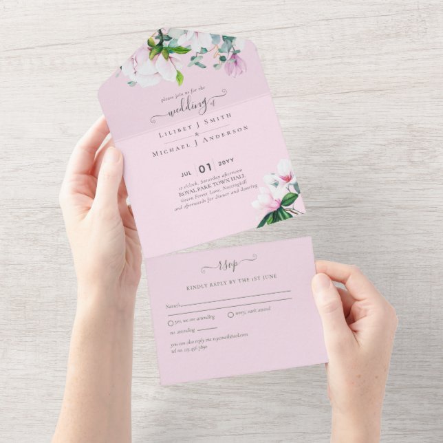 Blush Pink Magnolia Wedding All In One Einladung (Abreißen)