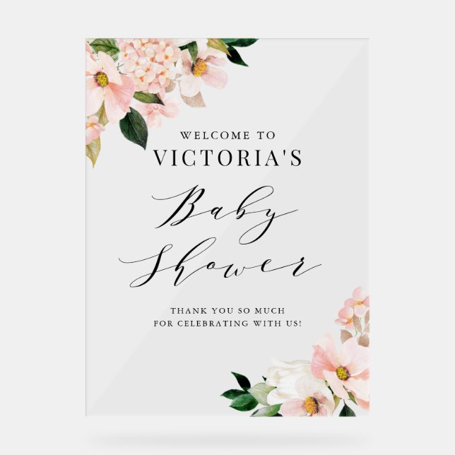 Blush Pink Magnolias Bloral Baby Dusche Empfang Acrylschild (Vorderseite)