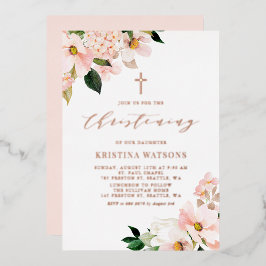 Blush Pink Magnolias Rose Gold Christening Folieneinladung