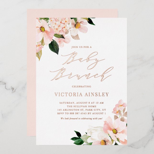 Blush Pink Magnolias Rose Gold Foil Kinderdusche Folieneinladung (Vorderseite/Rückseite)