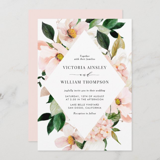Blush Pink Magnolias und Hydrangeas Frame Wedding Einladung (Vorne/Hinten)