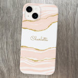 Blush Pink Marbour Agate Gold Glitzer Personalisie Case-Mate iPhone 14 Hülle<br><div class="desc">Rosa,  blaue Aquarelltöne,  Marmor mit goldenen Imitaten Glitzer Details,  um wirklich in einer Menschenmenge. Ändern Sie den Namen zum Anpassen.</div>