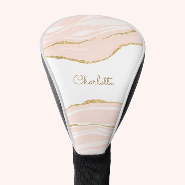 Blush Pink Marbour Agate Gold Glitzer Personalisie Golf Headcover (Pink watercolor marble agate personalized name golf head cover)