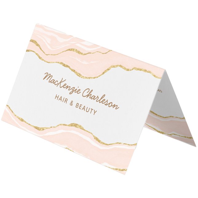 Blush Pink Marbour Agate Gold Glitzer Visitenkarten (Blush pink marble agate with faux gold glitter folded custom business card)