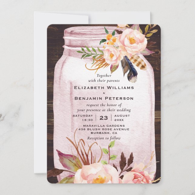 Blush Pink Mason Jar Feather Floral Wedding Einladung (Vorderseite)