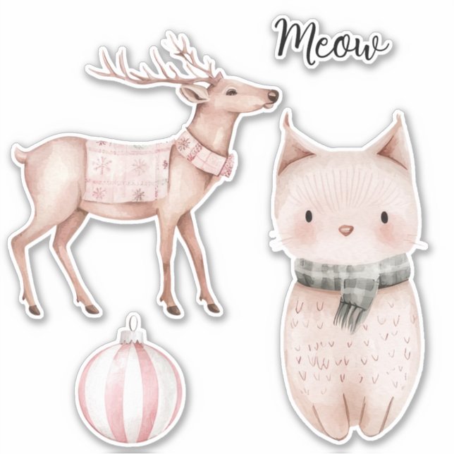 Blush Pink Meow Cat Deer Christmas Ornament Aufkleber (Vorderseite)