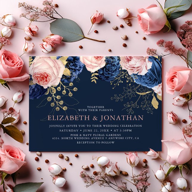 Blush Pink & Midnight Navy Florals Elegante Hochze Einladung (Von Creator hochgeladen)