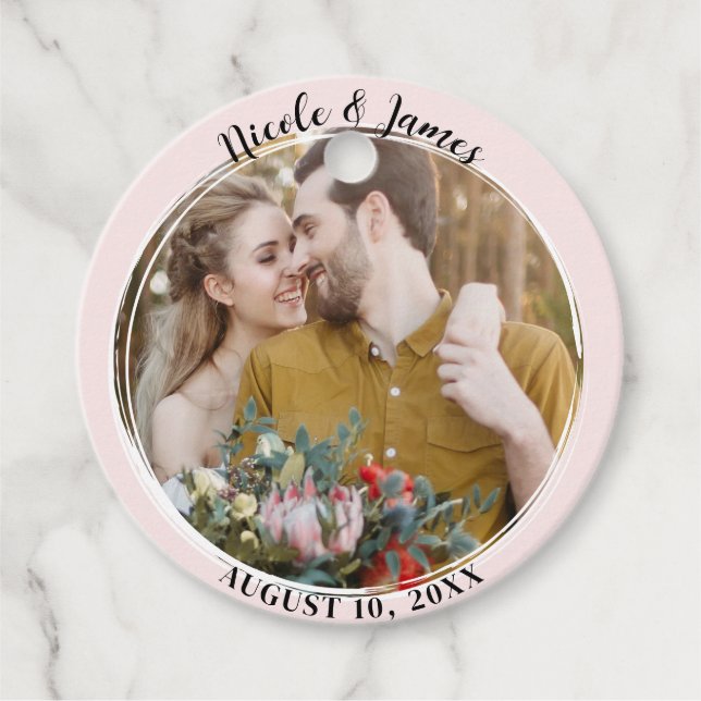 Blush Pink Minimal Trendy Round Foto Wedding Geschenkanhänger (Vorderseite)