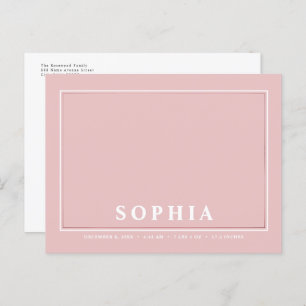 Blush Pink Minimalistisch Baby Girl Geburtserkläru Postkarte