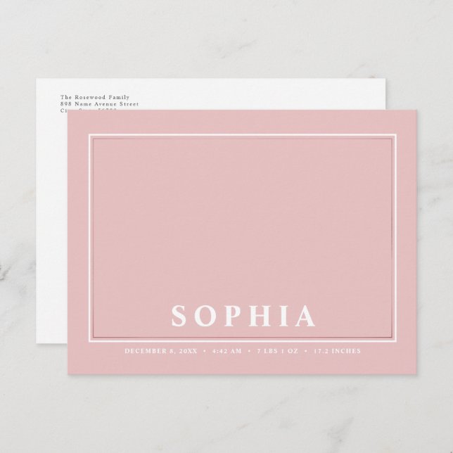 Blush Pink Minimalistisch Baby Girl Geburtserkläru Postkarte (Vorne/Hinten)