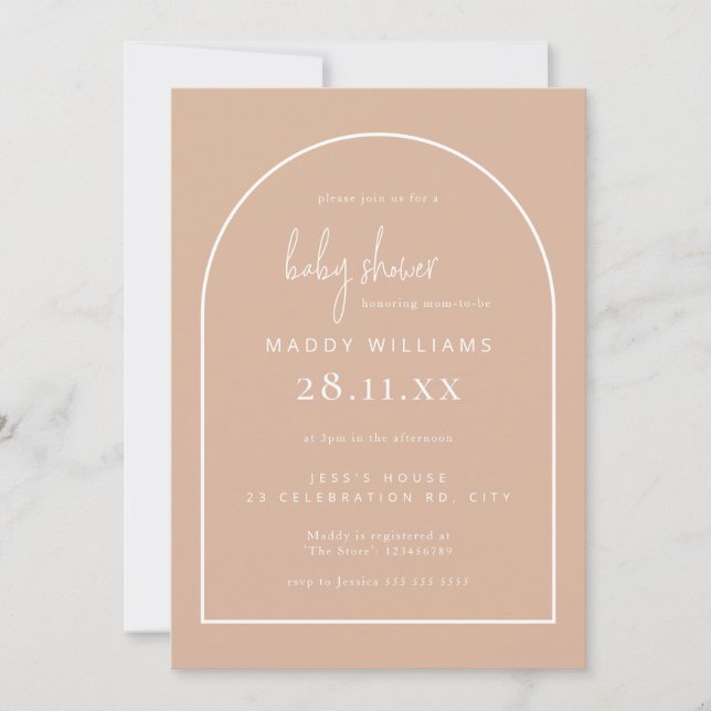 Blush Pink Minimalistisch Script Arch Girl Babydus Einladung (Vorderseite)
