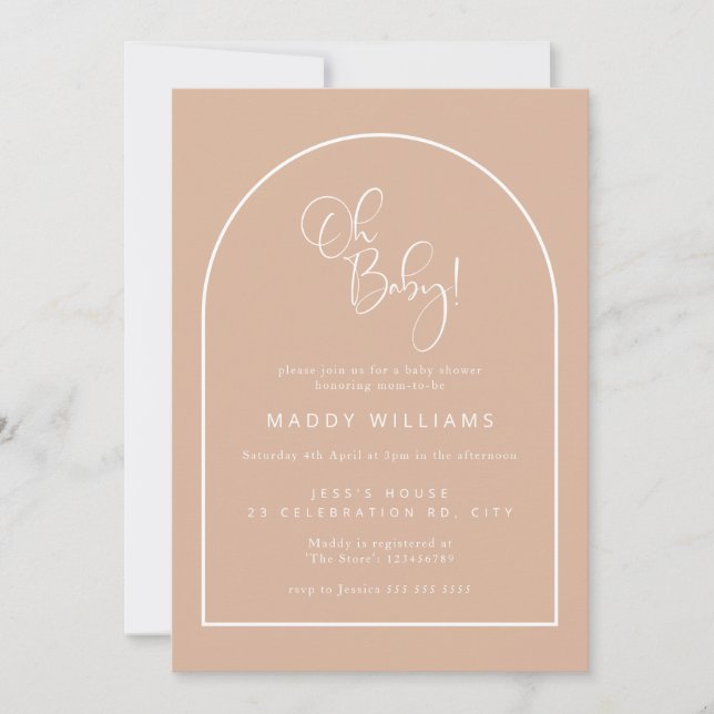 Blush Pink Minimalistisch Script Arch Oh Baby Dusc Einladung (Vorderseite)