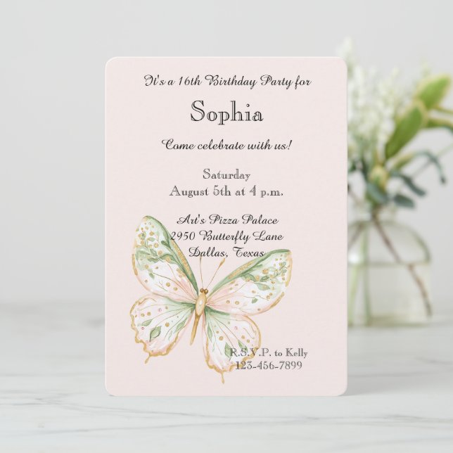 Blush Pink Mint Green Gold Butterfly Birthday Einladung (Stehend Vorderseite)