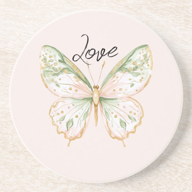 Blush Pink Mint Green Gold Butterfly Love Getränkeuntersetzer (Vorne)