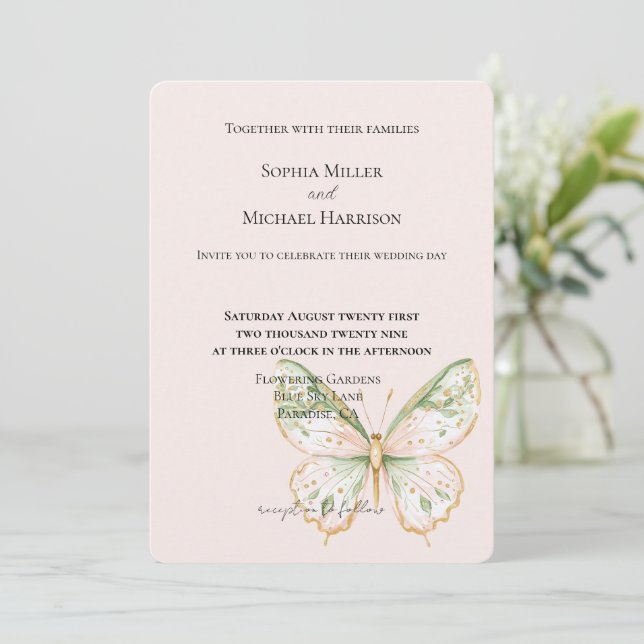 Blush Pink Mint Green Gold Butterfly Wedding Einladung (Stehend Vorderseite)