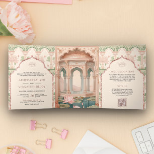 Blush Pink Mint Green Lotus Garden Indian Wedding Dreifach Gefaltete Einladung