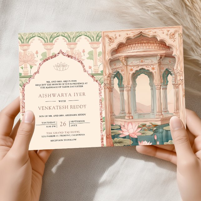 Blush Pink Mint Green Lotus Garden Indian Wedding Einladung (Von Creator hochgeladen)