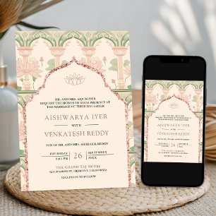 Blush Pink Mint Green Lotus Garden Indian Wedding Einladung