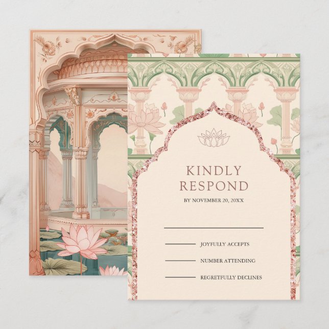 Blush Pink Mint Green Lotus Garden Indian Wedding RSVP Karte (Vorne/Hinten)