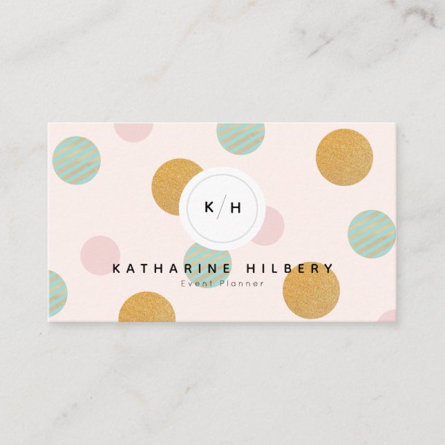 Blush Pink Minze Green Gold Polka Dot Business Car Visitenkarte (Vorderseite)