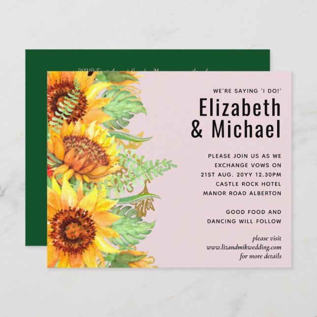 Blush Pink mit Sonnenblumen Hochzeitbudget (Vorne/Hinten)