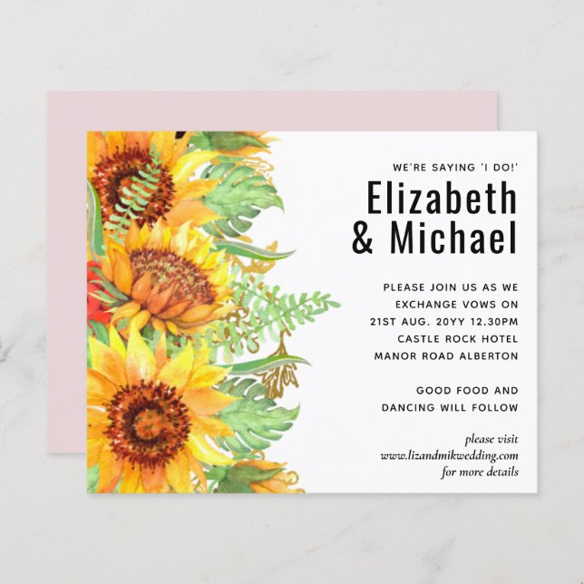 Blush Pink mit Sonnenblumen Hochzeitbudget (Vorne/Hinten)