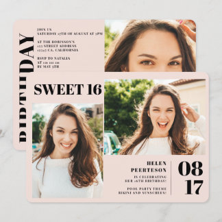 Blush pink modern fett 3 Fotos Sweet 16 Geburtstag Einladung