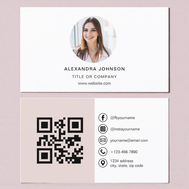 Blush Pink Modern Photo with QR Code Social Media Visitenkarte (Von Creator hochgeladen)