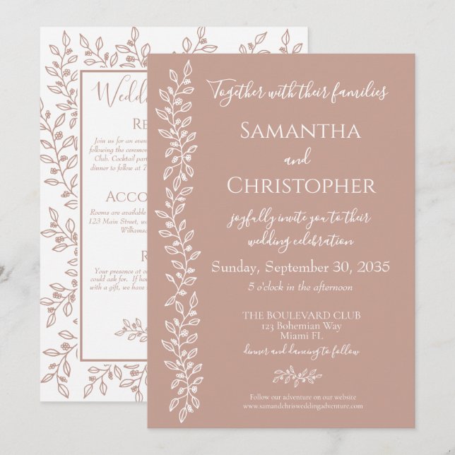 Blush Pink Moderne Boho Botanische Minimalhochzeit Einladung (Vorne/Hinten)