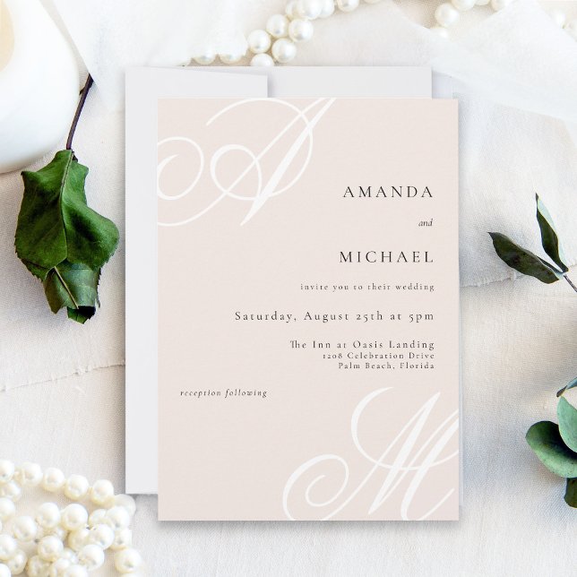 Blush Pink Moderne Elegant Minimal Mongram Wedding Einladung (Soft and feline, this simple minimalist wedding invitation has the bride and groom's monograms.)